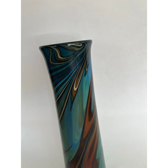 Vintage Art Glass Vase Hand Blown Blue Green Brown Swirl -Collectible JL - Picture 2 of 8